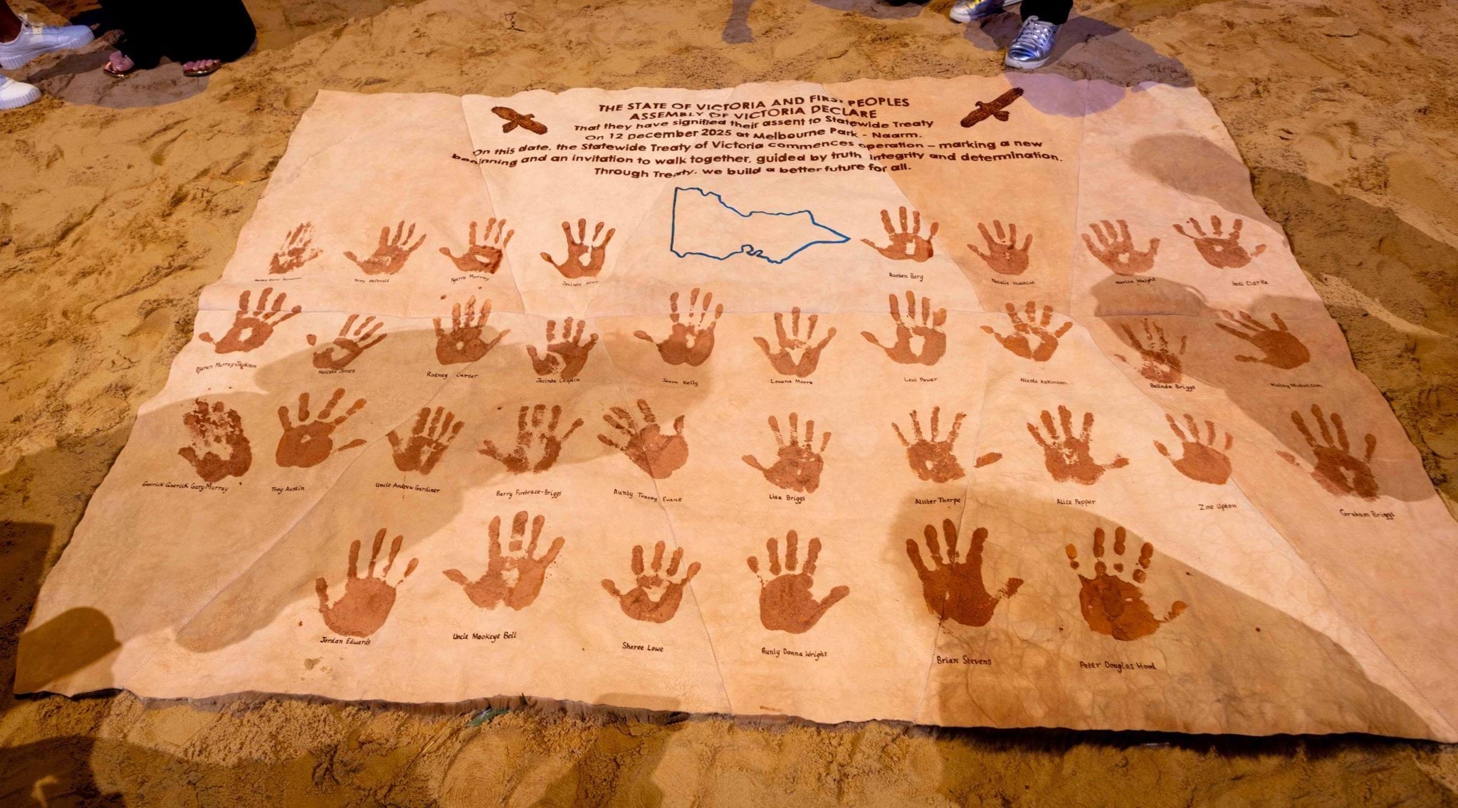 Signed Treaty with ochre handprints on kangaroo skin Signed Treaty with ochre handprints on kangaroo skin